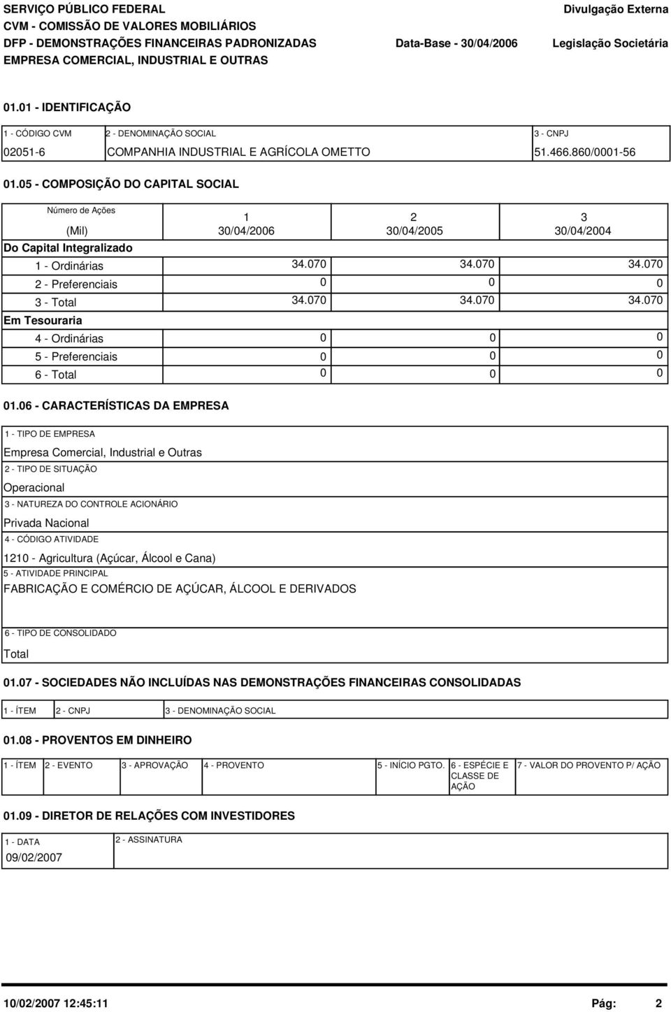 5 - COMPOSIÇÃO DO CAPITAL SOCIAL Número de Ações (Mil) Do Capital Integralizado 1 - Ordinárias 2 - Preferenciais 3 - Total Em Tesouraria 4 - Ordinárias 5 - Preferenciais 6 - Total 1 3/4/26 34.7 34.