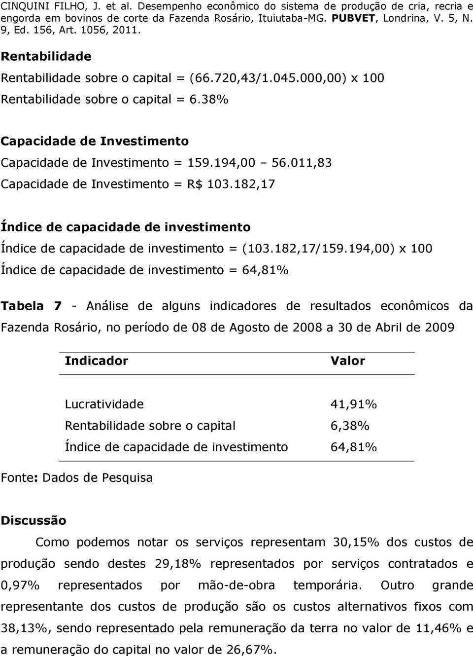 194,00) x 100 Índice de capacidade de investimento = 64,81% Tabela 7 - Análise de alguns indicadores de resultados econômicos da Fazenda Rosário, no período de 08 de Agosto de 2008 a 30 de Abril de