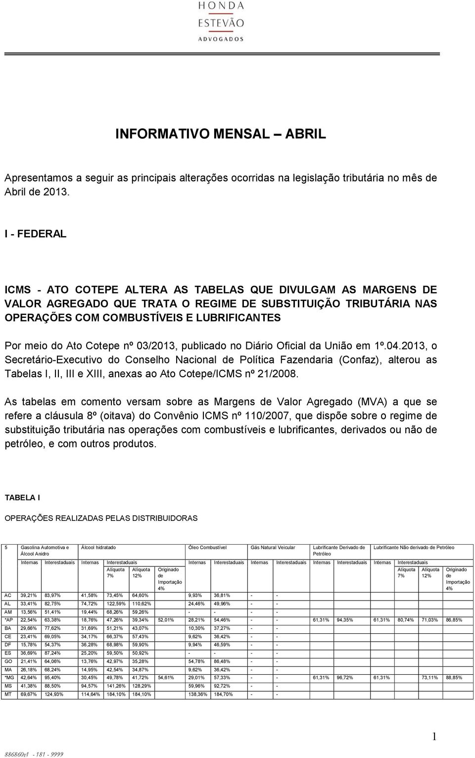 Cotepe nº 03/2013, publicado no Diário Oficial da União em 1º.04.