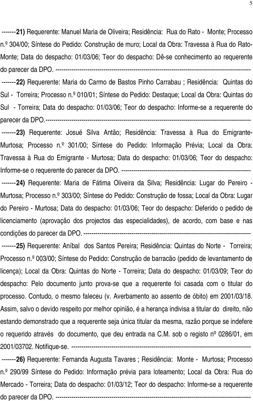 -------------------------------------------------------------------------------------------------- -------22) Requerente: Maria do Carmo de Bastos Pinho Carrabau ; Residência: Quintas do Sul -