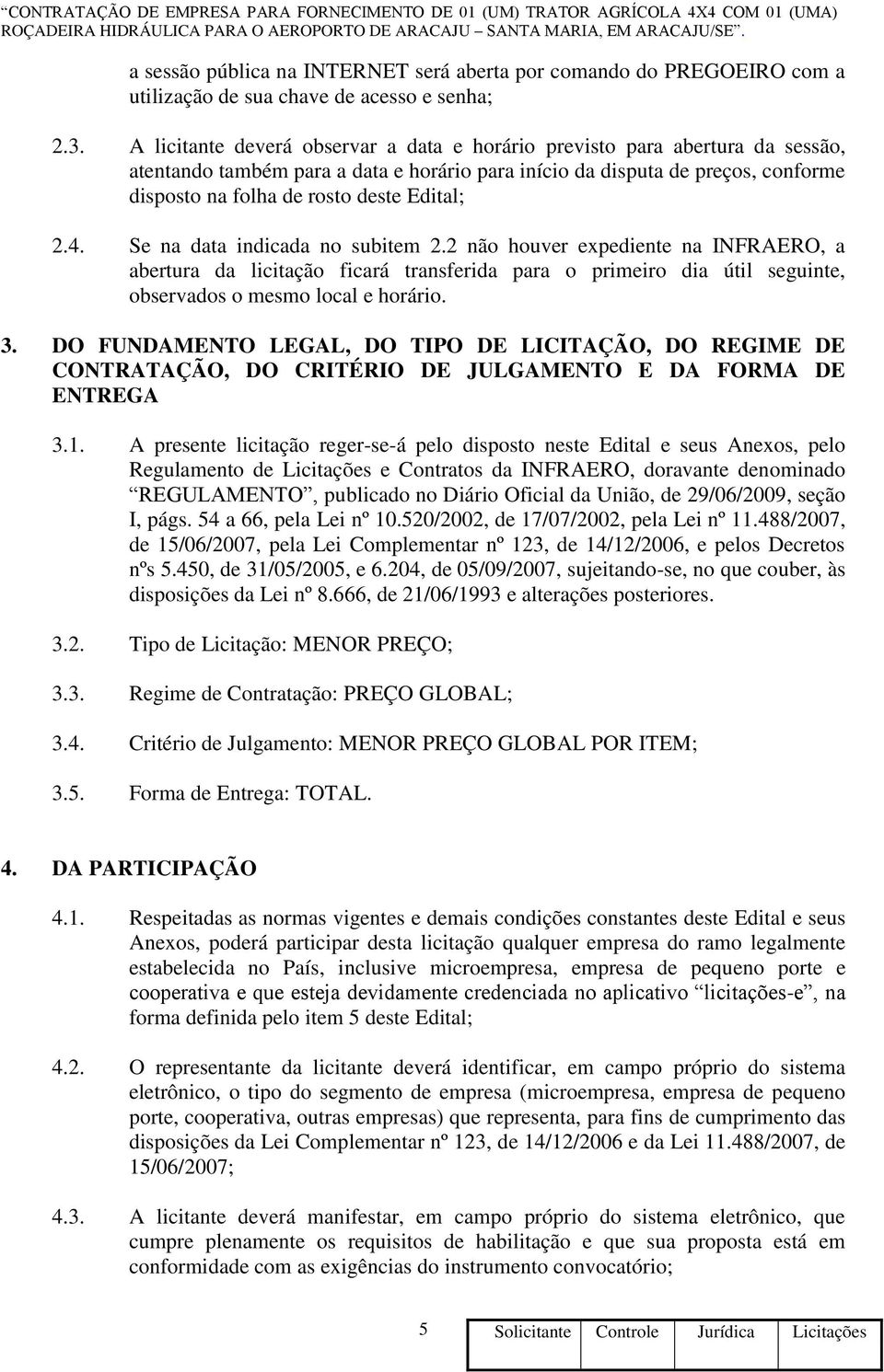 Edital; 2.4. Se na data indicada no subitem 2.2 não houver expediente na INFRAERO, a abertura da licitação ficará transferida para o primeiro dia útil seguinte, observados o mesmo local e horário. 3.