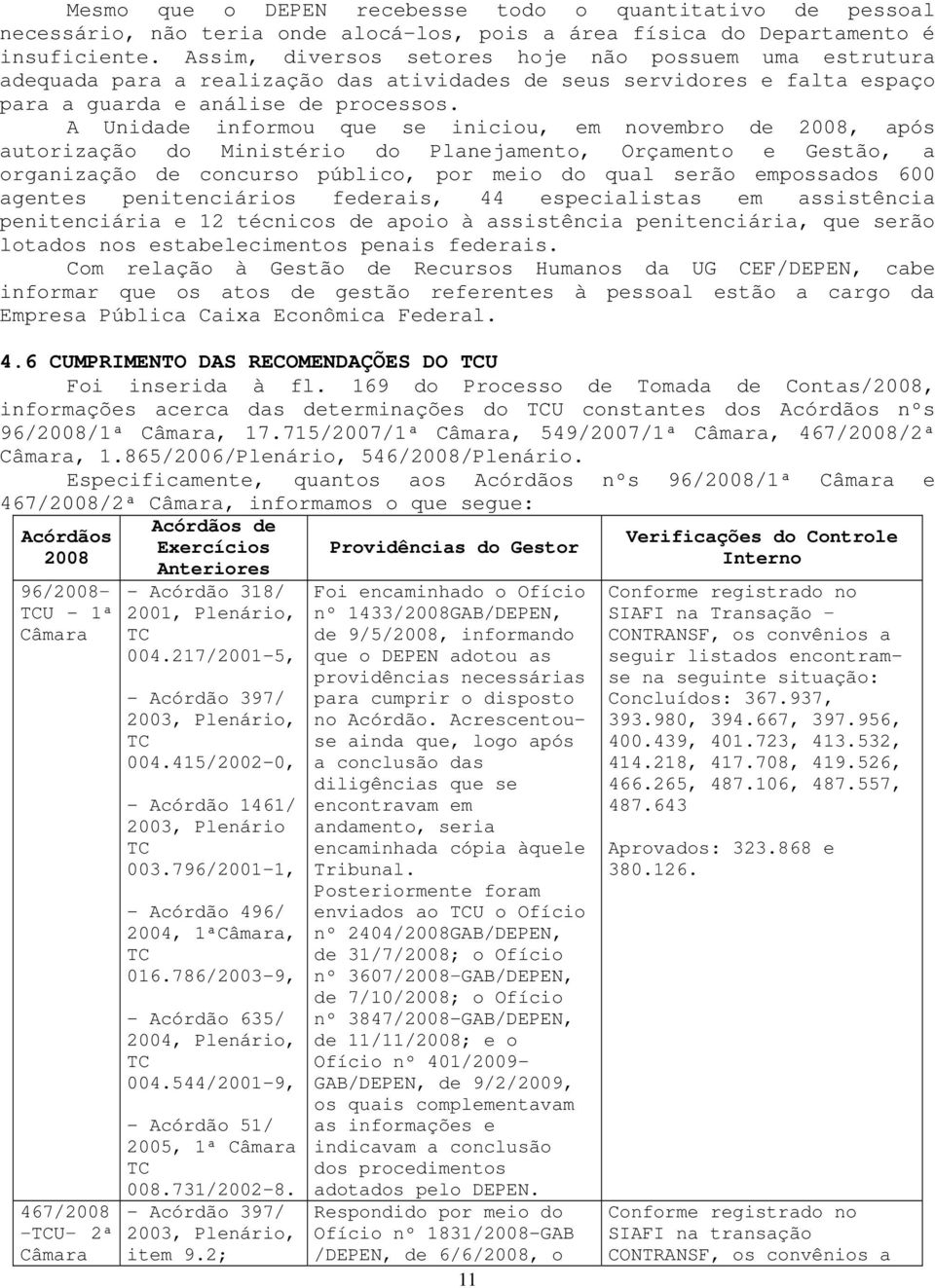 A Unidade informou que se iniciou, em novembro de 2008, após autorização do Ministério do Planejamento, Orçamento e Gestão, a organização de concurso público, por meio do qual serão empossados 600