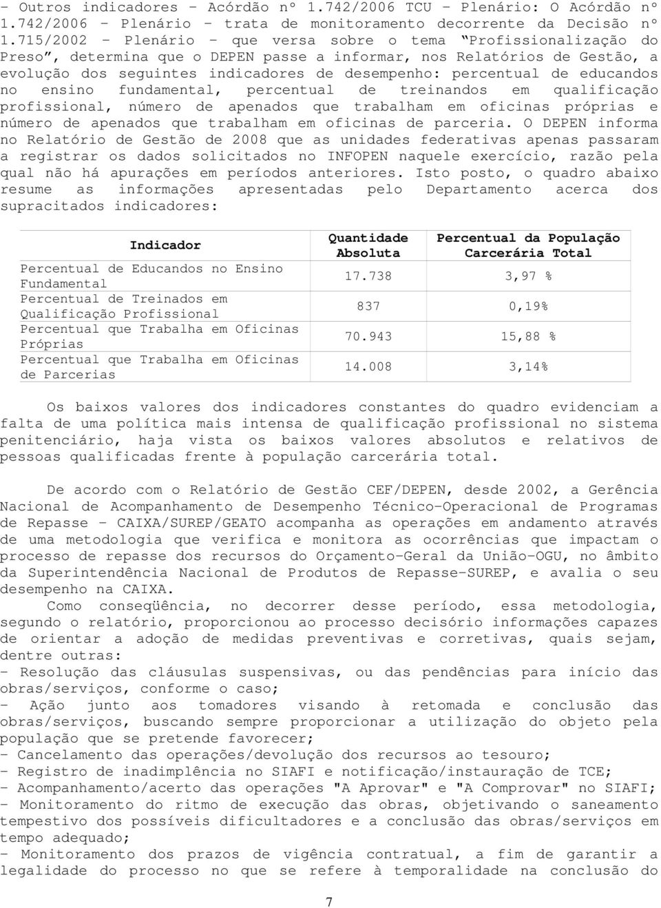 de educandos no ensino fundamental, percentual de treinandos em qualificação profissional, número de apenados que trabalham em oficinas próprias e número de apenados que trabalham em oficinas de