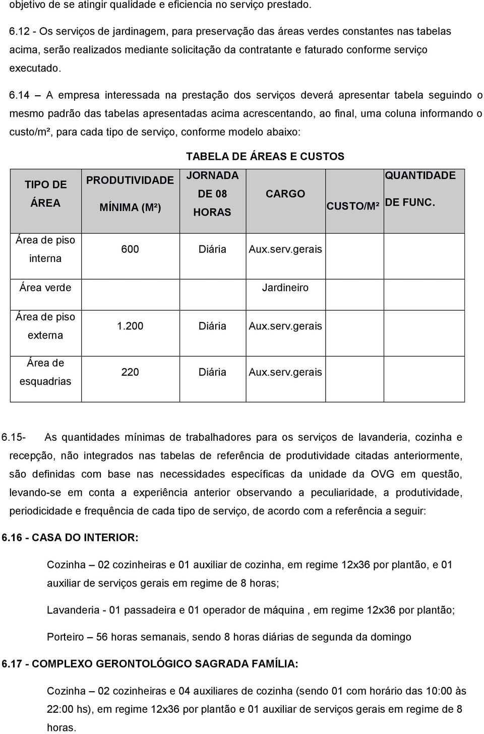 14 A empresa interessada na prestação dos serviços deverá apresentar tabela seguindo o mesmo padrão das tabelas apresentadas acima acrescentando, ao final, uma coluna informando o custo/m², para cada