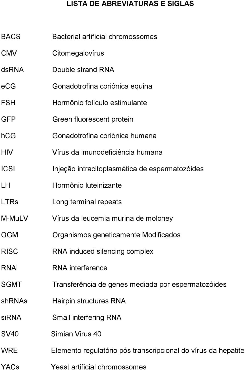 espermatozóides Hormônio luteinizante Long terminal repeats Vírus da leucemia murina de moloney Organismos geneticamente Modificados RNA induced silencing complex RNA interference