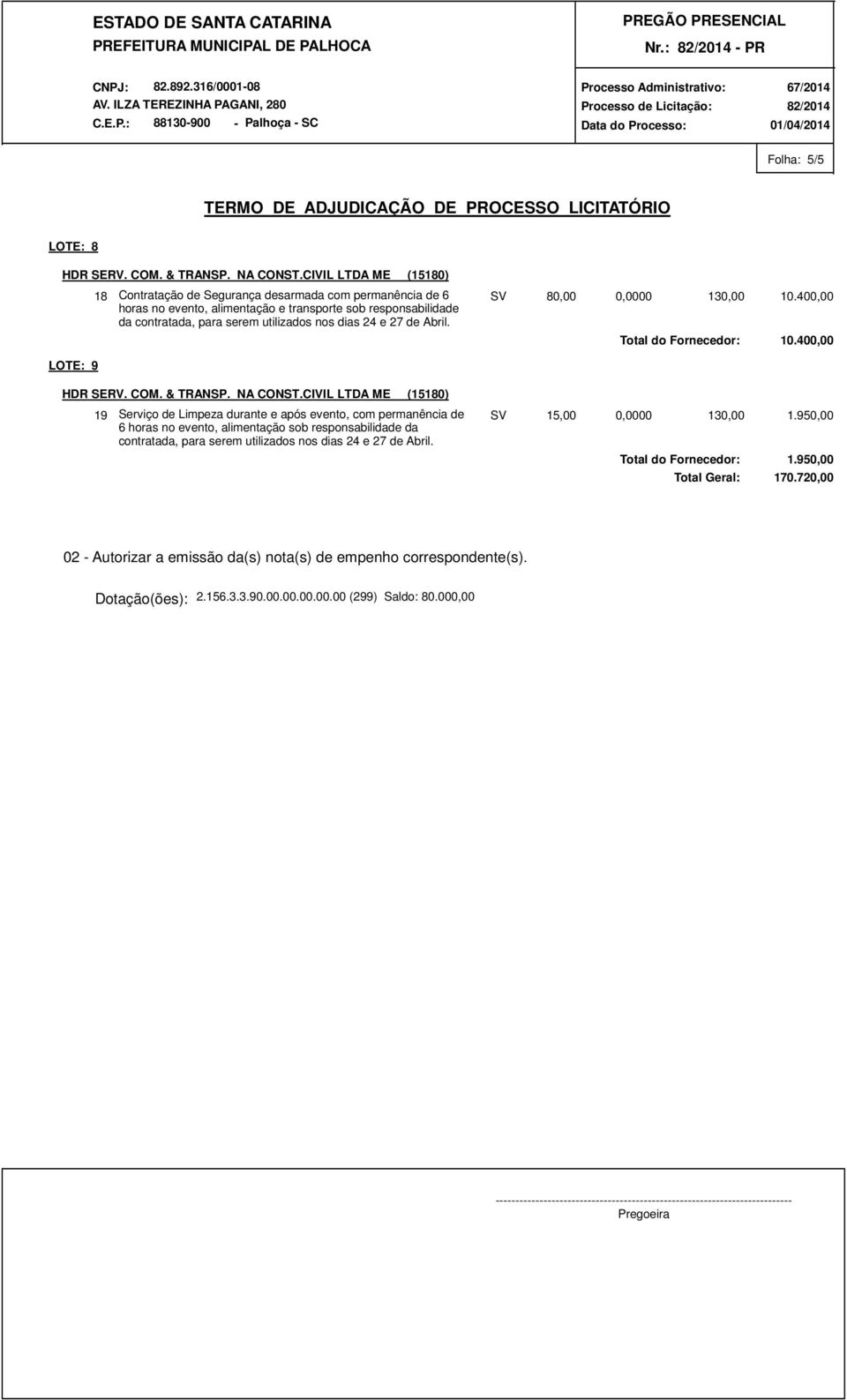 400,00 LOTE: 9 19 Serviço de Limpeza durante e após evento, com permanência de 6 horas no evento, alimentação sob responsabilidade da contratada, para serem utilizados nos