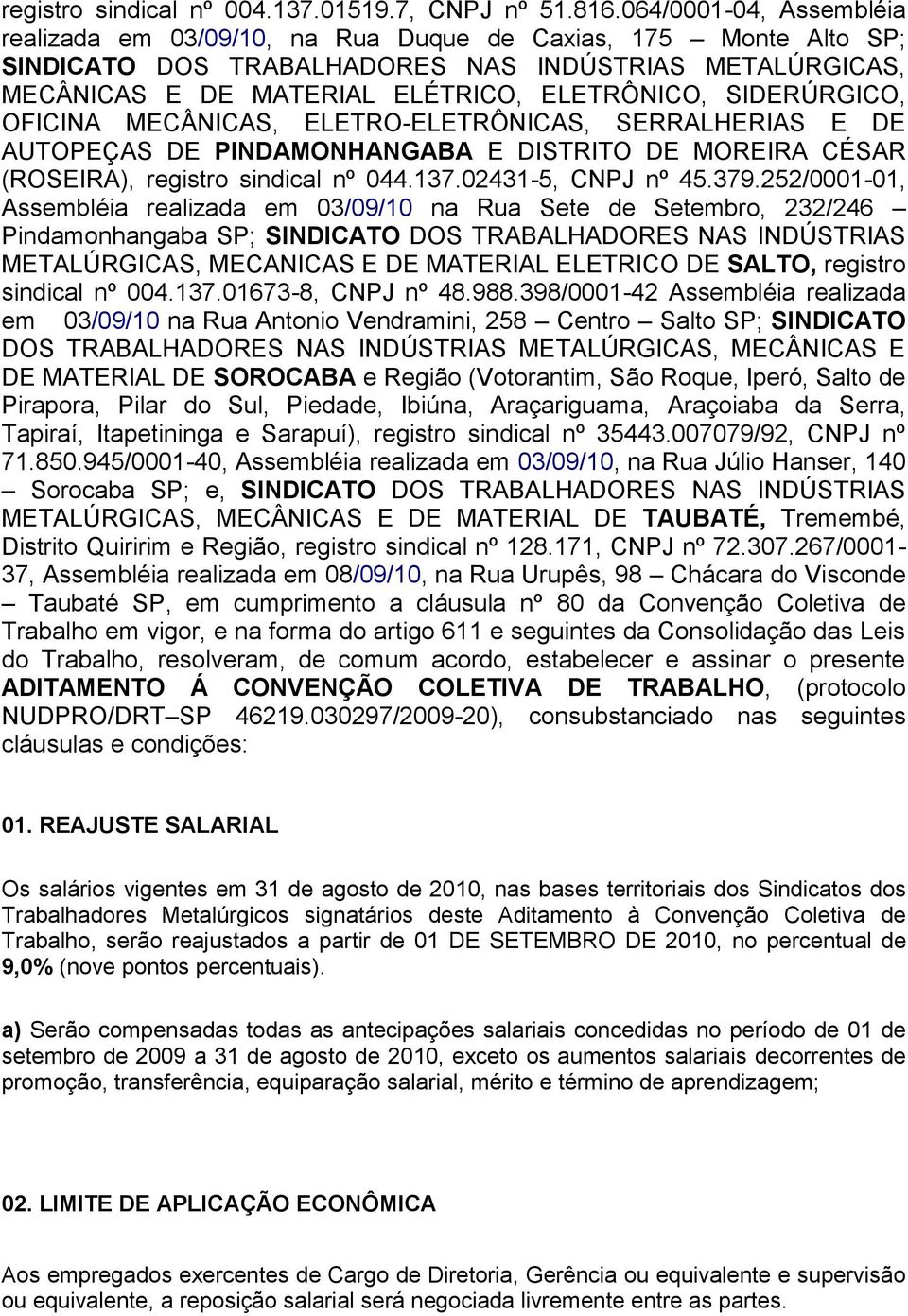 SIDERÚRGICO, OFICINA MECÂNICAS, ELETRO-ELETRÔNICAS, SERRALHERIAS E DE AUTOPEÇAS DE PINDAMONHANGABA E DISTRITO DE MOREIRA CÉSAR (ROSEIRA), registro sindical nº 044.137.02431-5, CNPJ nº 45.379.