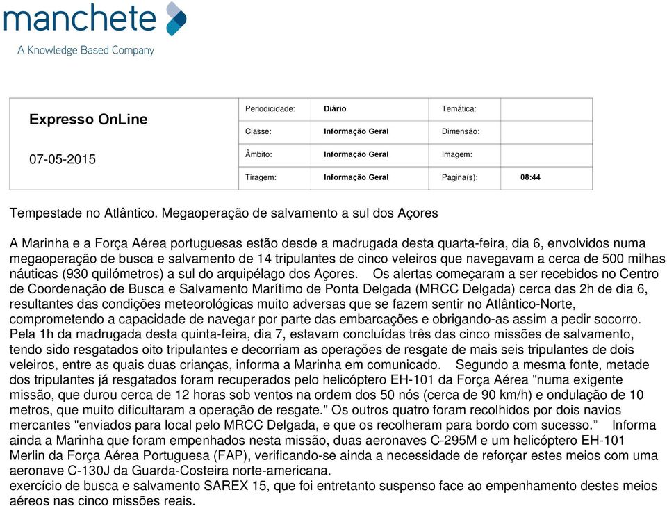 tripulantes de cinco veleiros que navegavam a cerca de 500 milhas náuticas (930 quilómetros) a sul do arquipélago dos Açores.