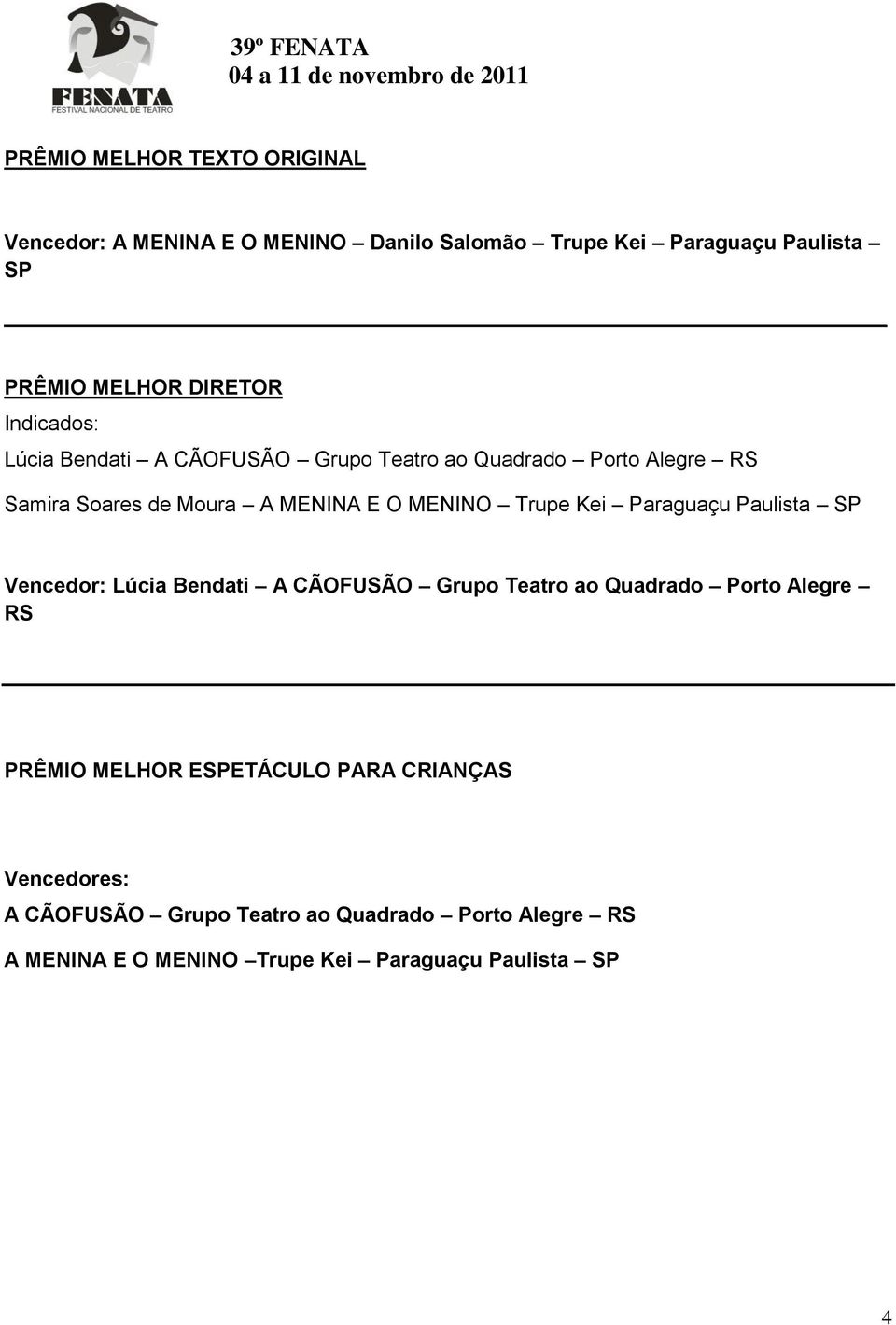 Trupe Kei Paraguaçu Paulista SP Vencedor: Lúcia Bendati A CÃOFUSÃO Grupo Teatro ao Quadrado Porto Alegre RS PRÊMIO MELHOR