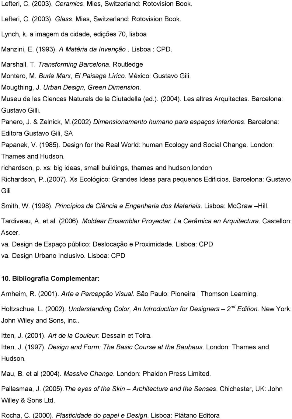 Museu de les Ciences Naturals de la Ciutadella (ed.). (2004). Les altres Arquitectes. Barcelona: Gustavo Gilli. Panero, J. & Zelnick, M.(2002) Dimensionamento humano para espaços interiores.