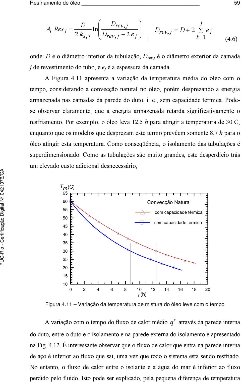 11 apresenta a variação da temperatura média do óleo com o tempo, considerando a convecção natural no óleo, porém desprezando a energia armazenada nas camadas da parede do duto, i. e., sem capacidade térmica.