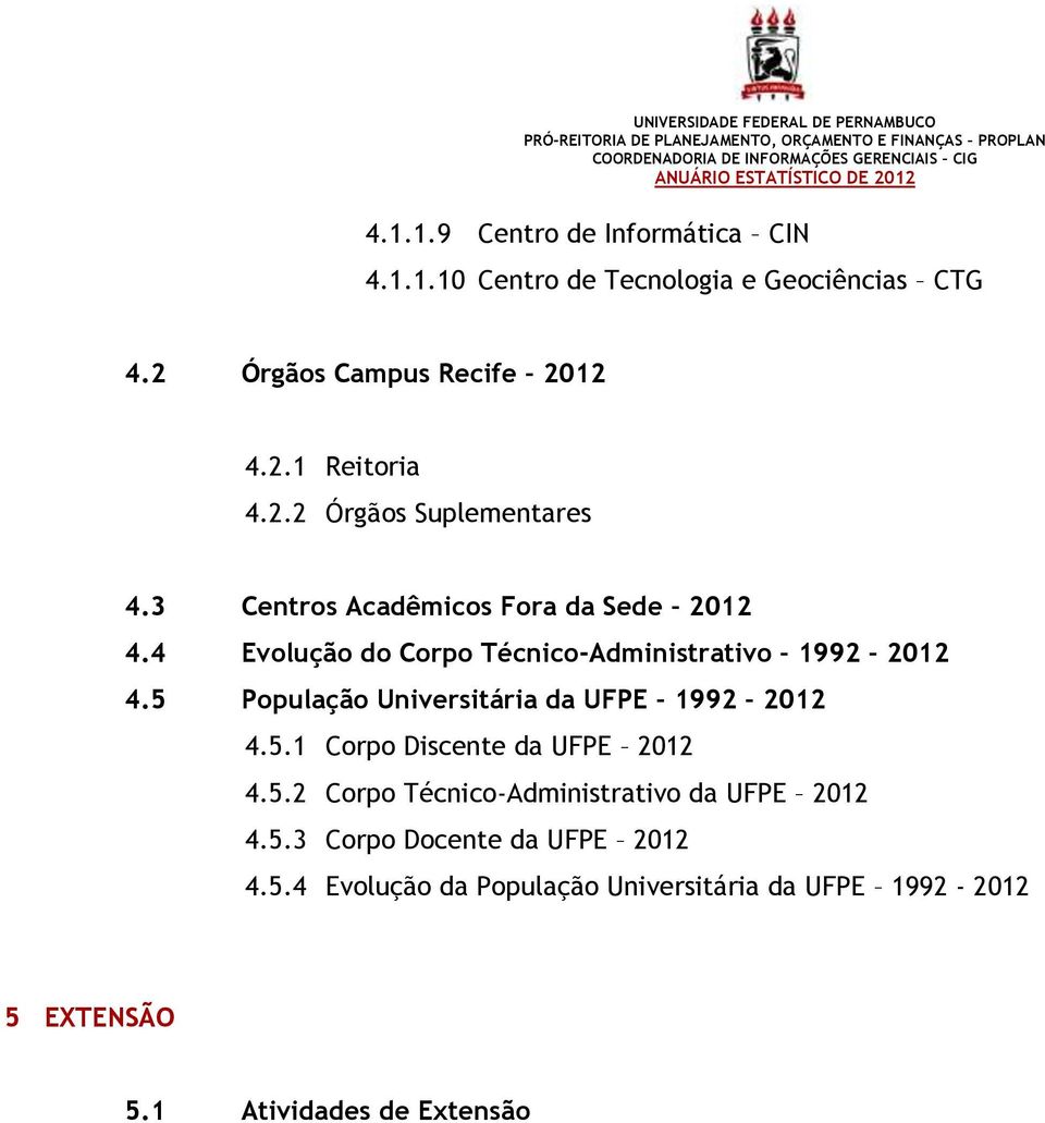 5 População Universitária da UFPE 1992 2012 4.5.1 Corpo Discente da UFPE 2012 4.5.2 Corpo Técnico-Administrativo da UFPE 2012 4.