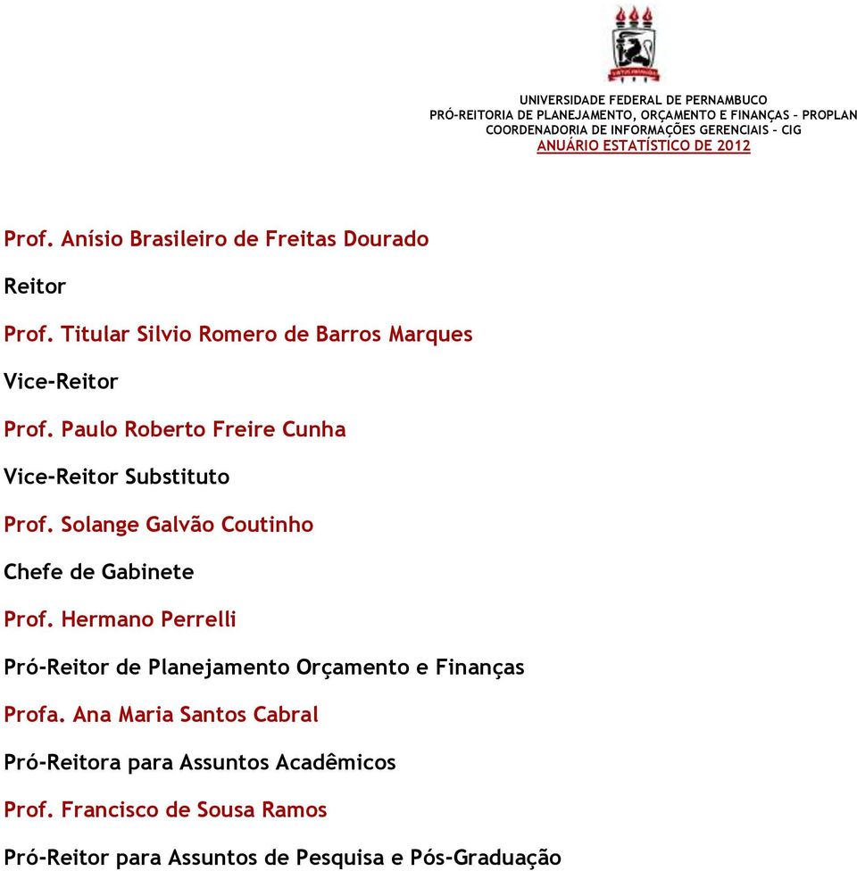 Paulo Roberto Freire Cunha Vice-Reitor Substituto Prof. Solange Galvão Coutinho Chefe de Gabinete Prof.