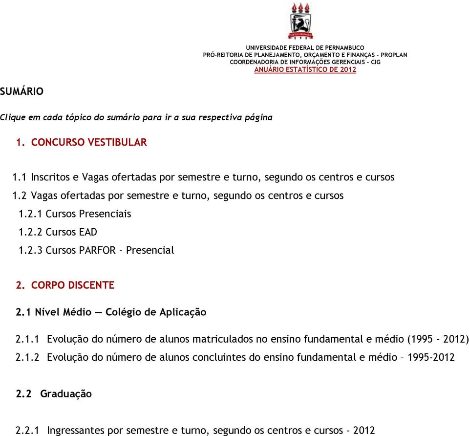 2.2 Cursos EAD 1.2.3 Cursos PARFOR - Presencial 2. CORPO DISCENTE 2.1 Nível Médio Colégio de Aplicação 2.1.1 Evolução do número de alunos matriculados no ensino fundamental e médio (1995-2012) 2.