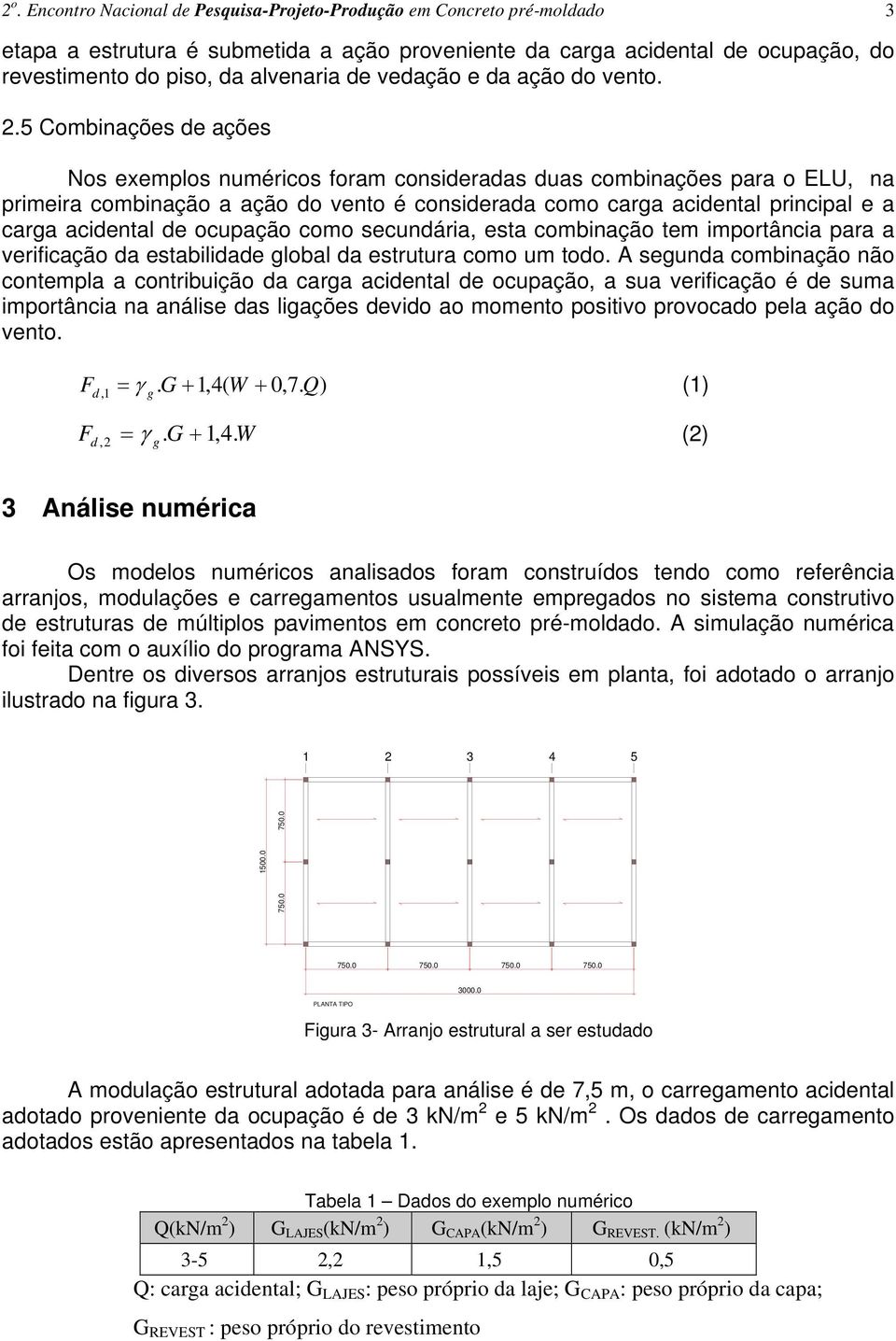 5 Combinações de ações Nos exemplos numéricos foram consideradas duas combinações para o ELU, na primeira combinação a ação do vento é considerada como carga acidental principal e a carga acidental