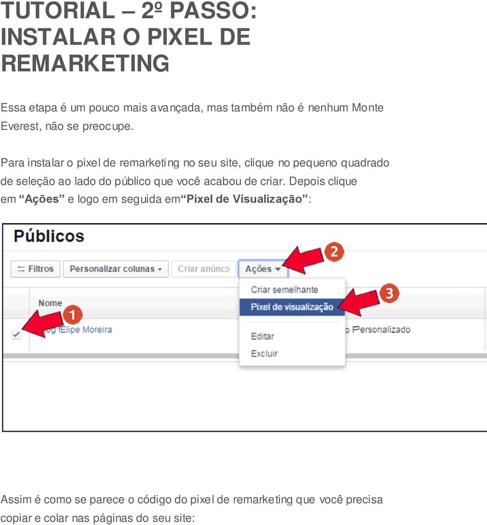 Para instalar o pixel de remarketing no seu site, clique no pequeno quadrado de seleção ao lado do público que