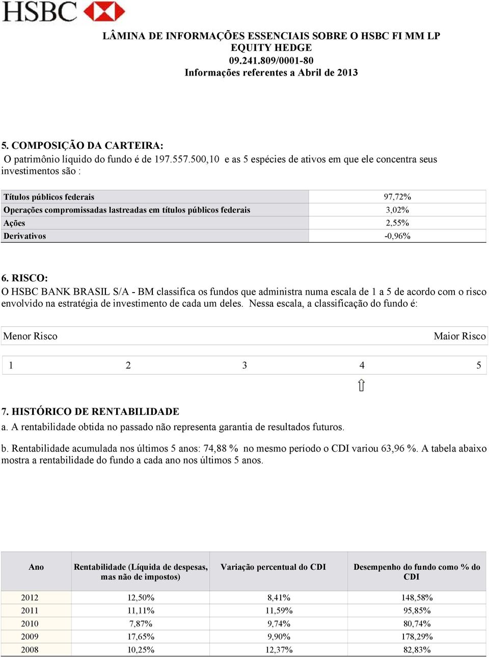 3,02% 2,55% -0,96% 6. RISCO: O HSBC BANK BRASIL S/A - BM classifica os fundos que administra numa escala de 1 a 5 de acordo com o risco envolvido na estratégia de investimento de cada um deles.