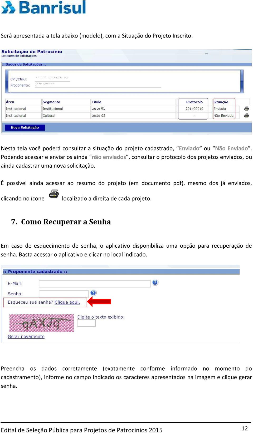 É possível ainda acessar ao resumo do projeto (em documento pdf), mesmo dos já enviados, clicando no ícone localizado a direita de cada projeto. 7.