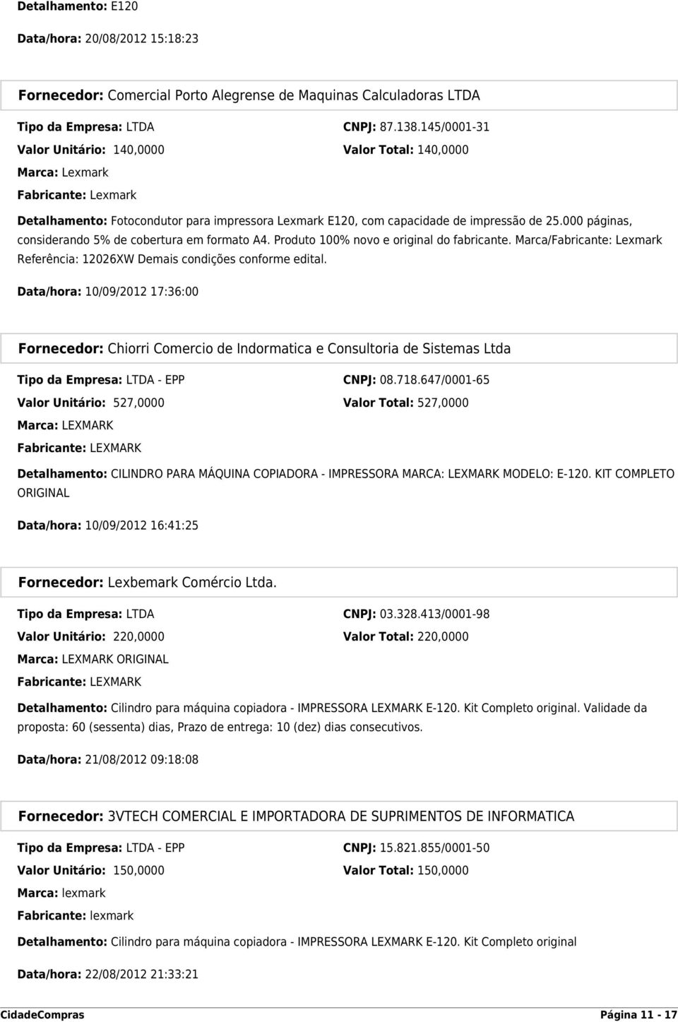 000 páginas, considerando 5% de cobertura em formato A4. Produto 100% novo e original do fabricante. Marca/Fabricante: Lexmark Referência: 12026XW Demais condições conforme edital.