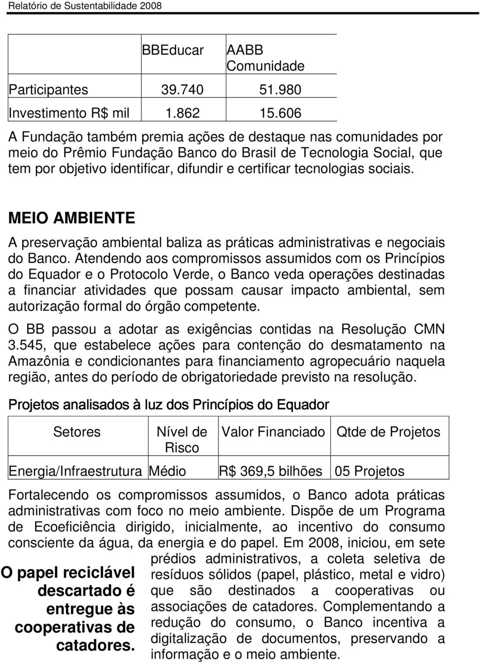 sociais. MEIO AMBIENTE A preservação ambiental baliza as práticas administrativas e negociais do Banco.