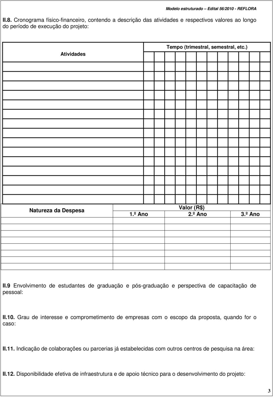 etc.) Natureza da Despesa Valor (R$) 1.º Ano 2.º Ano 3.º Ano II.9 Envolvimento de estudantes de graduação e pós-graduação e perspectiva de capacitação de pessoal: II.10.