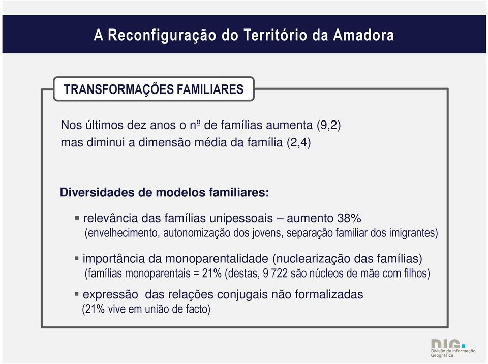 jovens, separação familiar dos imigrantes) importância da monoparentalidade (nuclearização das famílias) (famílias