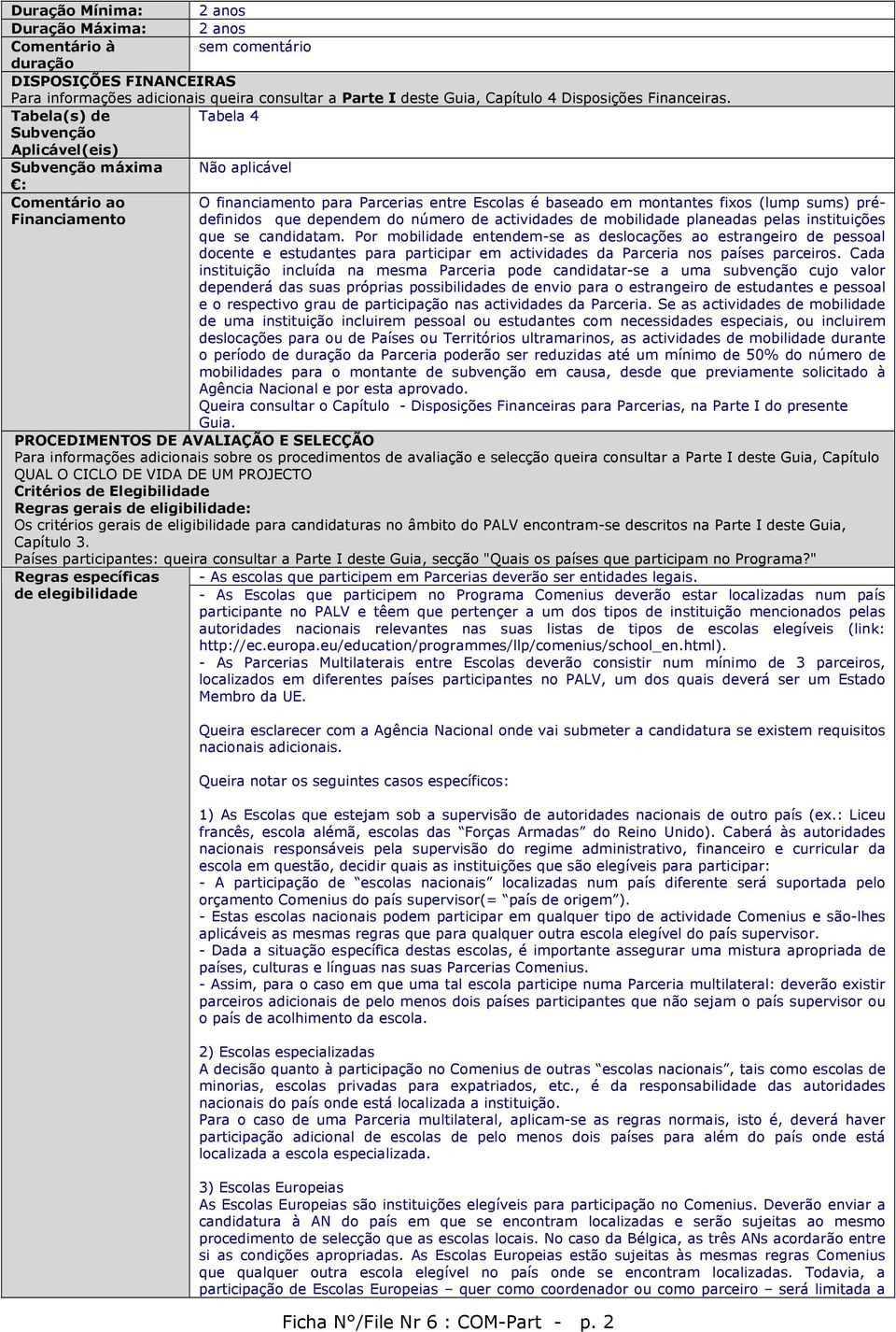 Tabela(s) de Tabela 4 Subvenção Aplicável(eis) Subvenção máxima Não aplicável : Comentário ao O financiamento para Parcerias entre Escolas é baseado em montantes fixos (lump sums) prédefinidos que