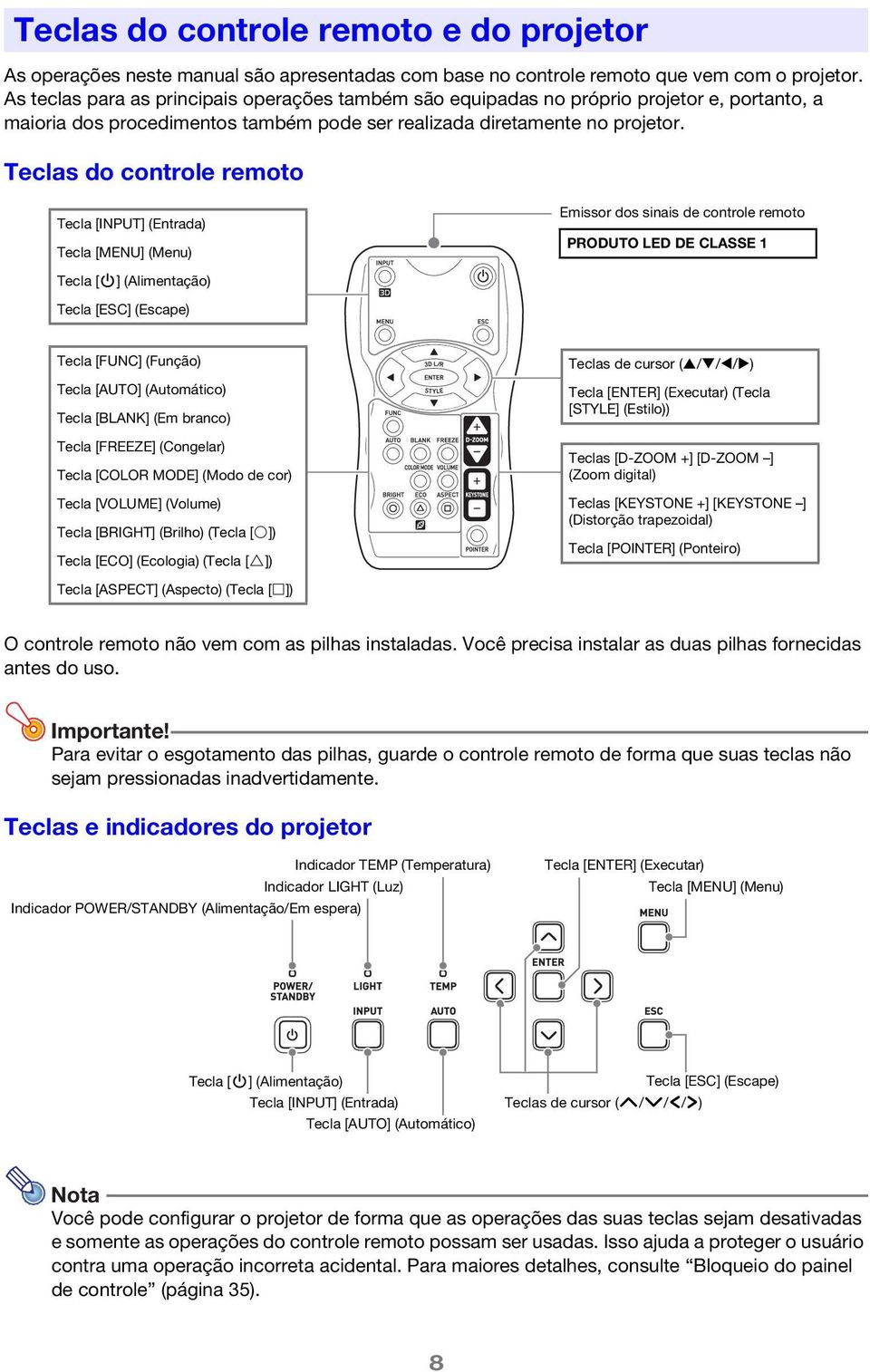 Teclas do controle remoto Tecla [INPUT] (Entrada) Tecla [MENU] (Menu) Emissor dos sinais de controle remoto PRODUTO LED DE CLASSE 1 Tecla [P] (Alimentação) Tecla [ESC] (Escape) Tecla [FUNC] (Função)