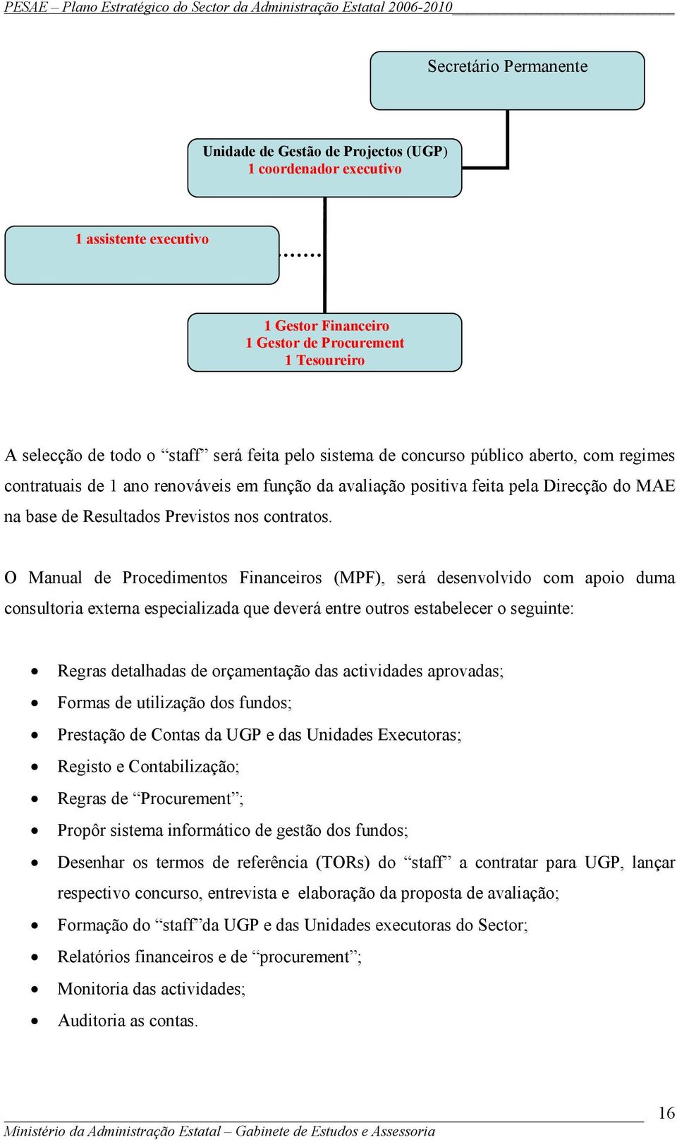 O Manual de Procedimentos Financeiros (MPF), será desenvolvido com apoio duma consultoria externa especializada que deverá entre outros estabelecer o seguinte: Regras detalhadas de orçamentação das