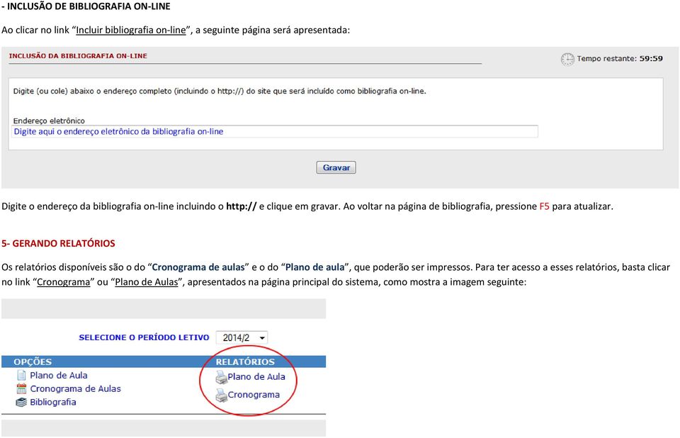 5- GERANDO RELATÓRIOS Os relatórios disponíveis são o do Cronograma de aulas e o do Plano de aula, que poderão ser impressos.