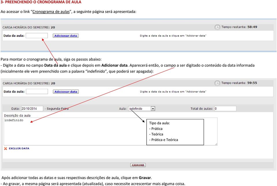 Aparecerá então, o campo a ser digitado o conteúdo da data informada (inicialmente ele vem preenchido com a palavra indefinido, que poderá ser apagada): Tipo