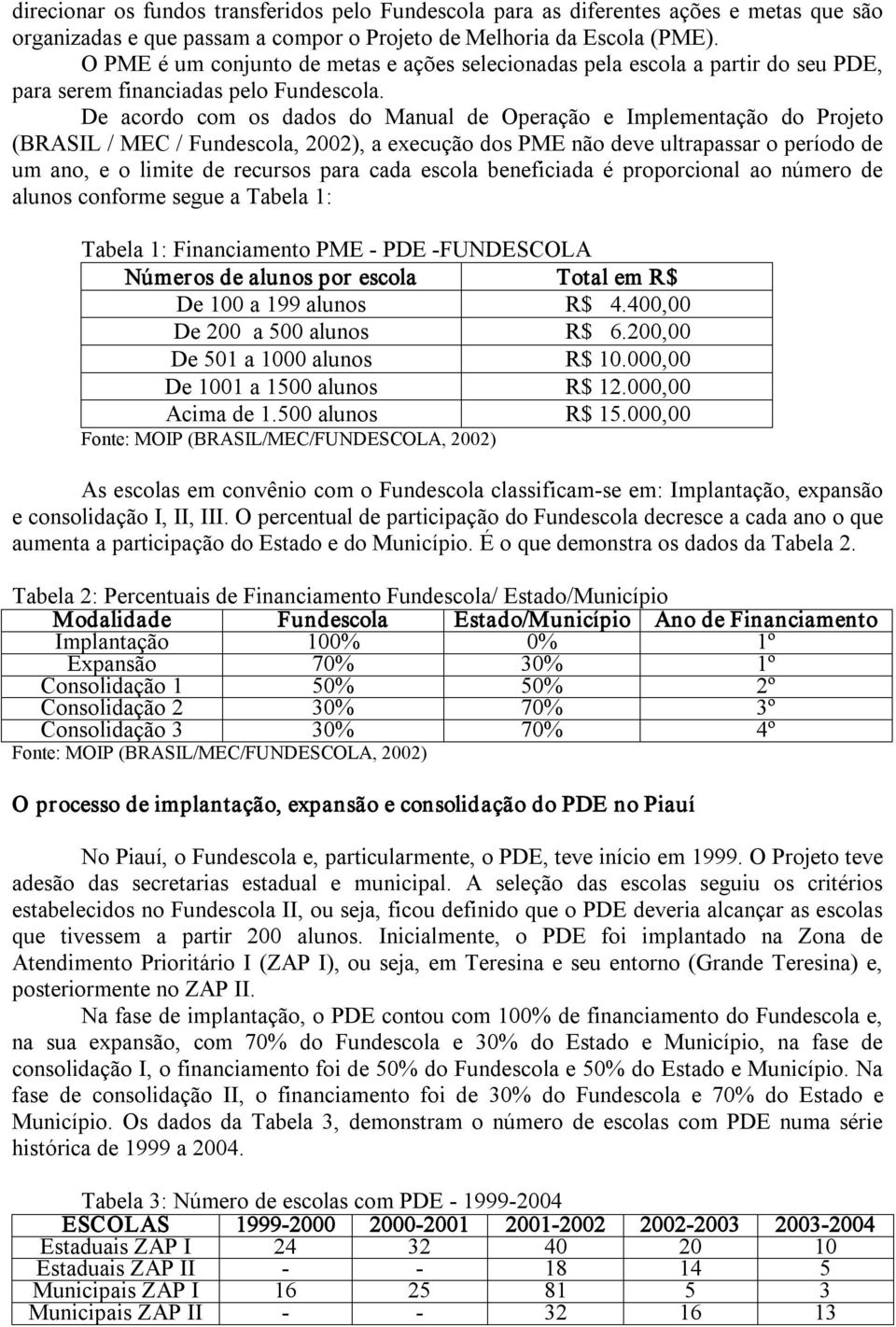 De acordo com os dados do Manual de Operação e Implementação do Projeto (BRASIL / MEC / Fundescola, 2002), a execução dos PME não deve ultrapassar o período de um ano, e o limite de recursos para