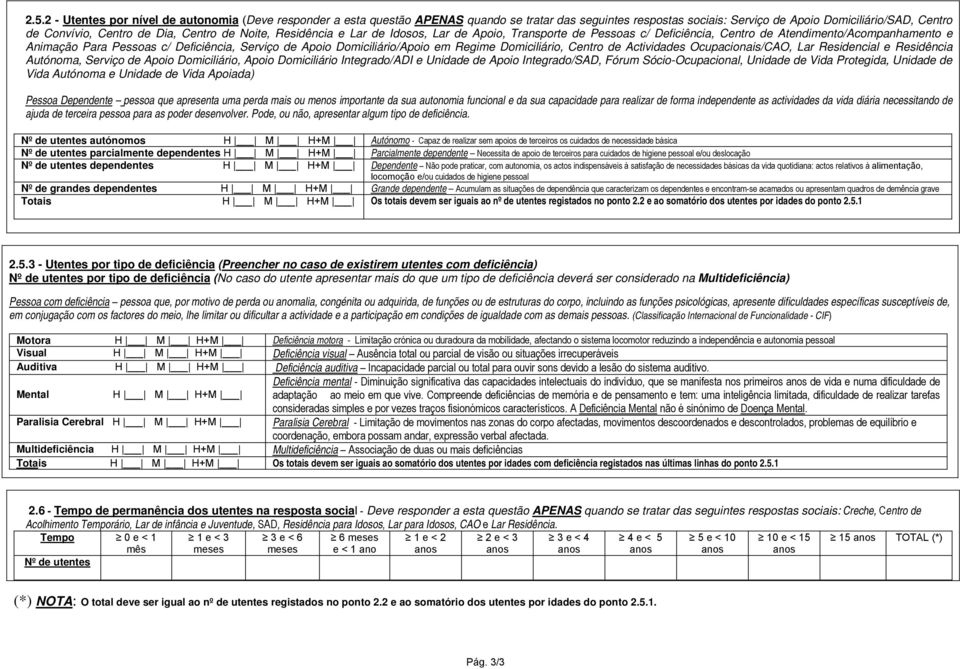 Domiciliário/Apoio em Regime Domiciliário, Centro de Actividades Ocupacionais/CAO, Lar Residencial e Residência Autónoma, Serviço de Apoio Domiciliário, Apoio Domiciliário Integrado/ADI e Unidade de