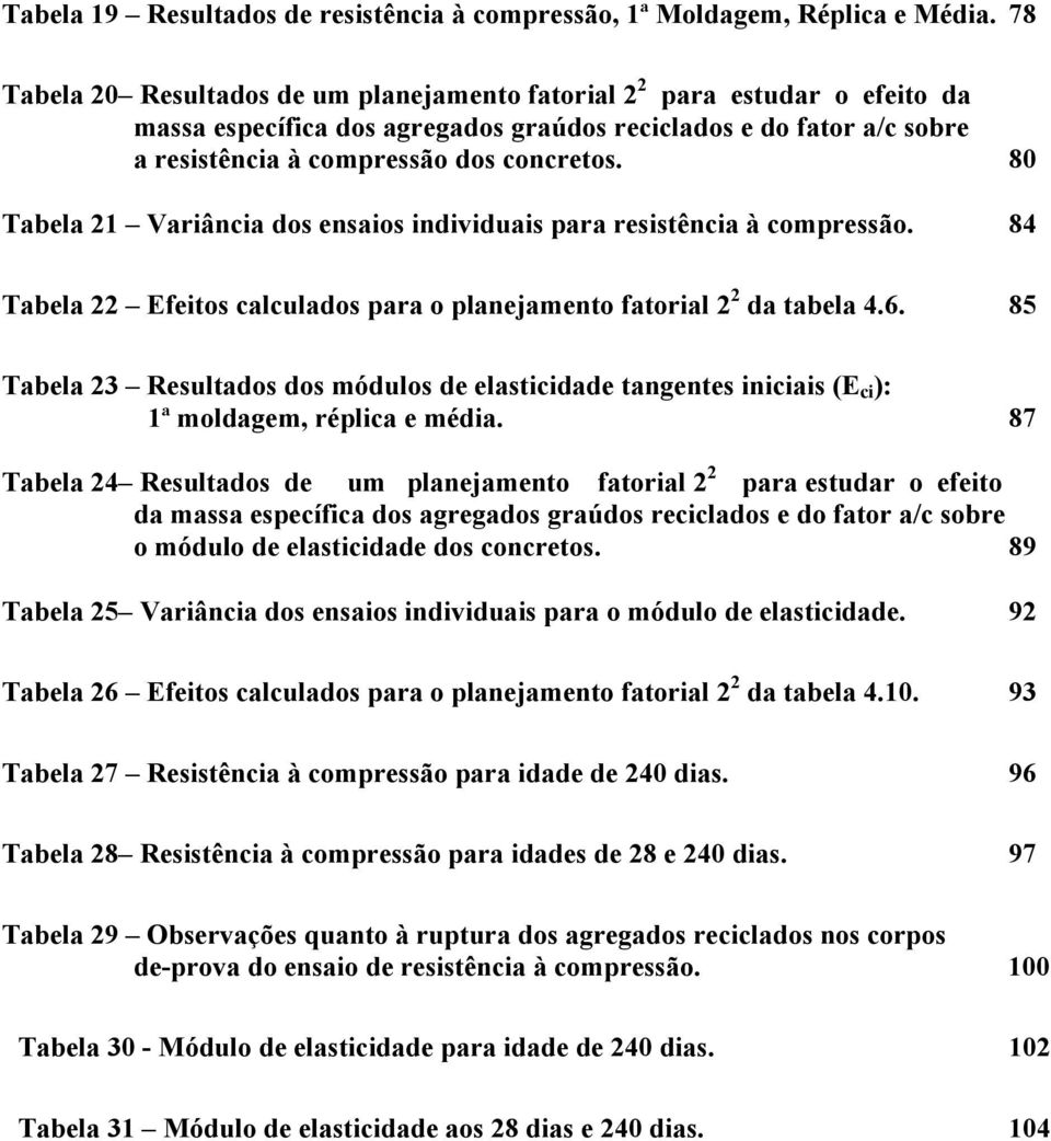 80 Tabela 21 Variância dos ensaios individuais para resistência à compressão. 84 Tabela 22 Efeitos calculados para o planejamento fatorial 2 2 da tabela 4.6.