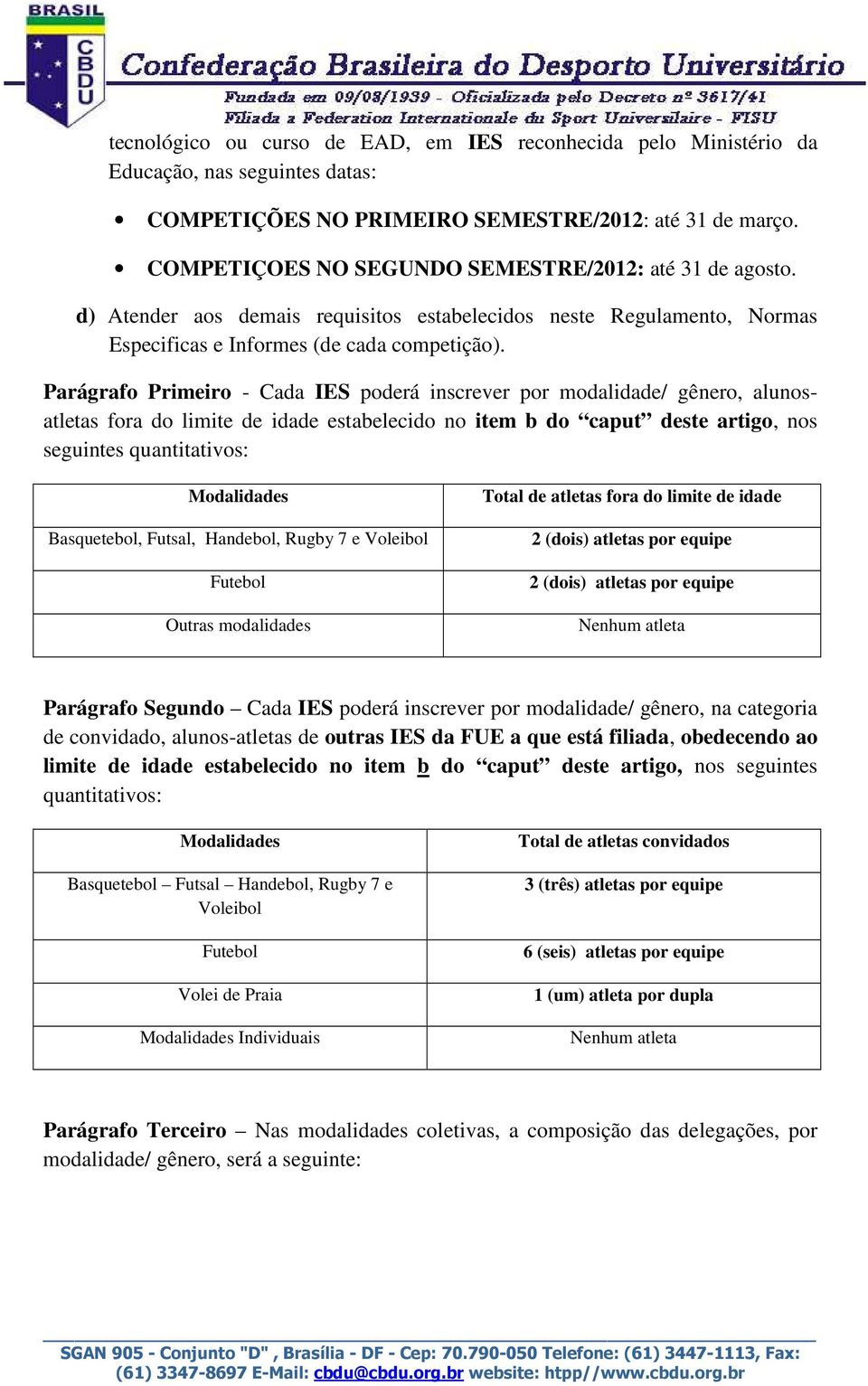 Parágrafo Primeiro - Cada IES poderá inscrever por modalidade/ gênero, alunosatletas fora do limite de idade estabelecido no item b do caput deste artigo, nos seguintes quantitativos: Modalidades