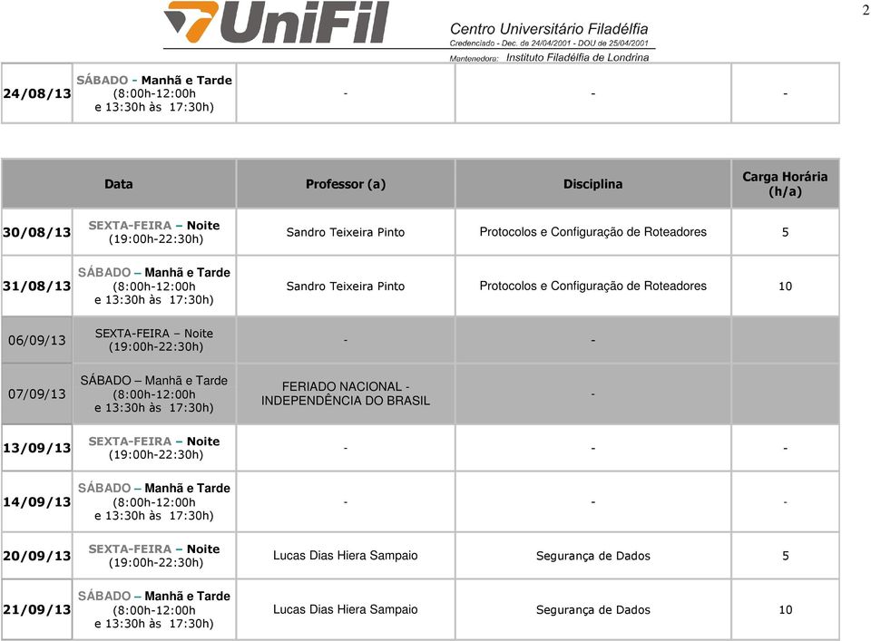 07/09/13 FERIADO NACIONAL - INDEPENDÊNCIA DO BRASIL - 13/09/13 14/09/13 20/09/13 Lucas