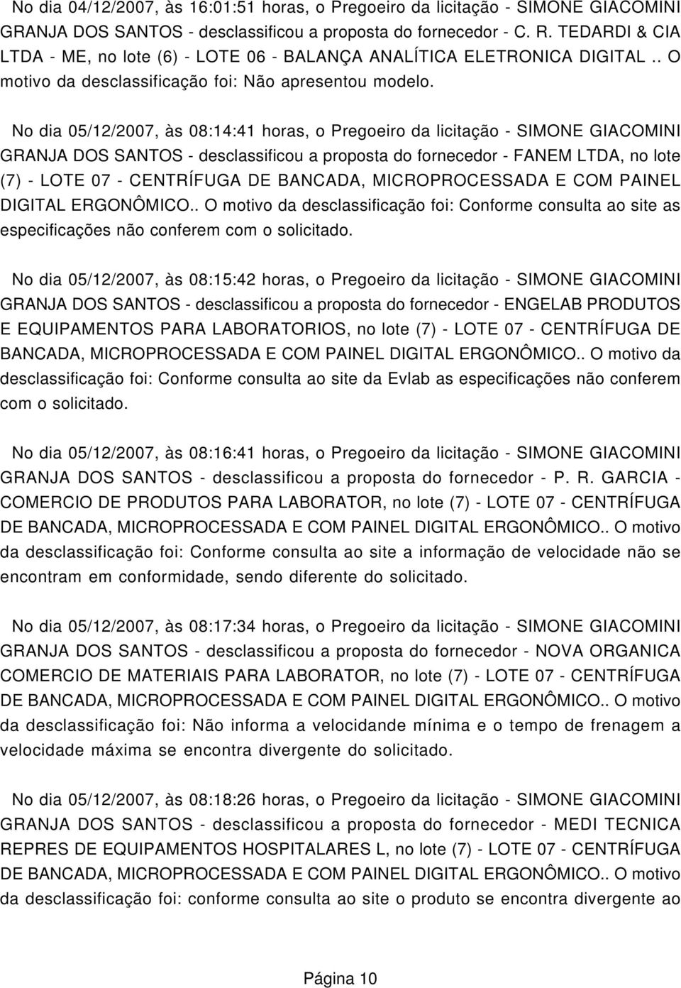 No dia 05/12/2007, às 08:14:41 horas, o Pregoeiro da licitação - SIMONE GIACOMINI GRANJA DOS SANTOS - desclassificou a proposta do fornecedor - FANEM LTDA, no lote (7) - LOTE 07 - CENTRÍFUGA DE
