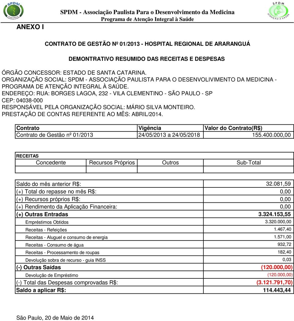 ENDEREÇO: RUA: BORGES LAGOA, 232 - VILA CLEMENTINO - SÃO PAULO - SP CEP: 04038-000 RESPONSÁVEL PELA ORGANIZAÇÃO SOCIAL: MÁRIO SILVA MONTEIRO. PRESTAÇÃO DE CONTAS REFERENTE AO MÊS: ABRIL/2014.