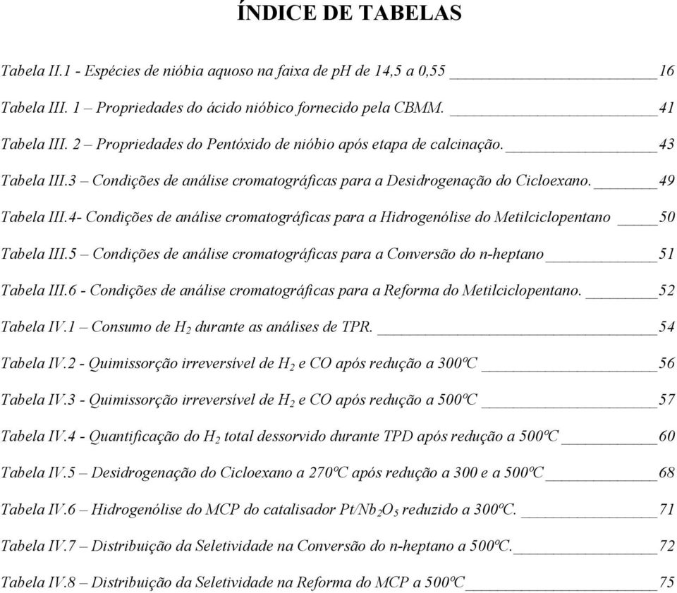 4- Condições de análise cromatográficas para a Hidrogenólise do Metilciclopentano 50 Tabela III.5 Condições de análise cromatográficas para a Conversão do n-heptano 51 Tabela III.