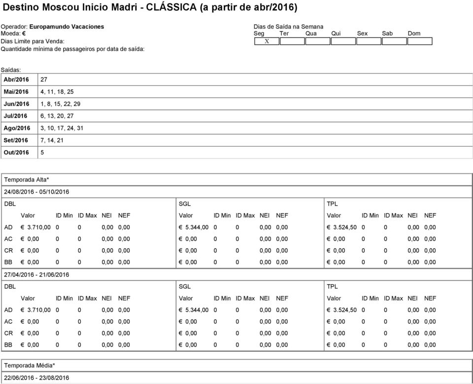 3, 10, 17, 24, 31 Set/2016 7, 14, 21 Out/2016 5 Temporada Alta* 24/08/2016-05/10/2016 DBL AD 3.710,00 0 0 0,00 0,00 AC CR BB 27/04/2016-21/06/2016 DBL AD 3.