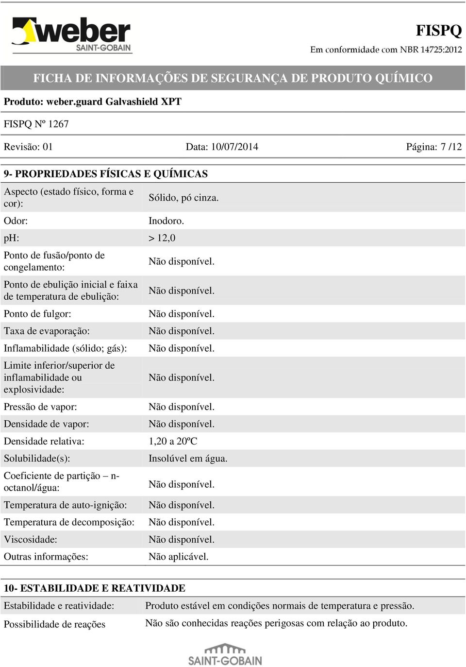 inferior/superior de inflamabilidade ou explosividade: Pressão de vapor: Densidade de vapor: Densidade relativa: 1,20 a 20ºC Solubilidade(s): Coeficiente de partição n- octanol/água: Temperatura de