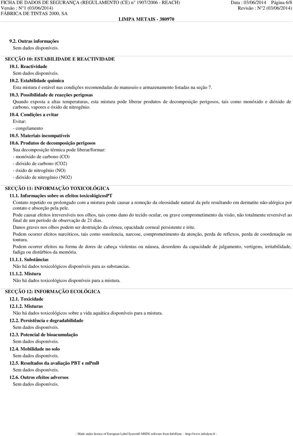 de nitrogênio. 10.4. Condições a evitar Evitar: - congelamento 10.5. Materiais incompatíveis 10.6.