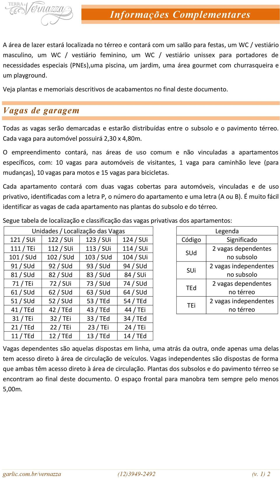 Vagas de garagem Todas as vagas serão demarcadas e estarão distribuídas entre o subsolo e o pavimento térreo. Cada vaga para automóvel possuirá 2,30 x 4,80m.