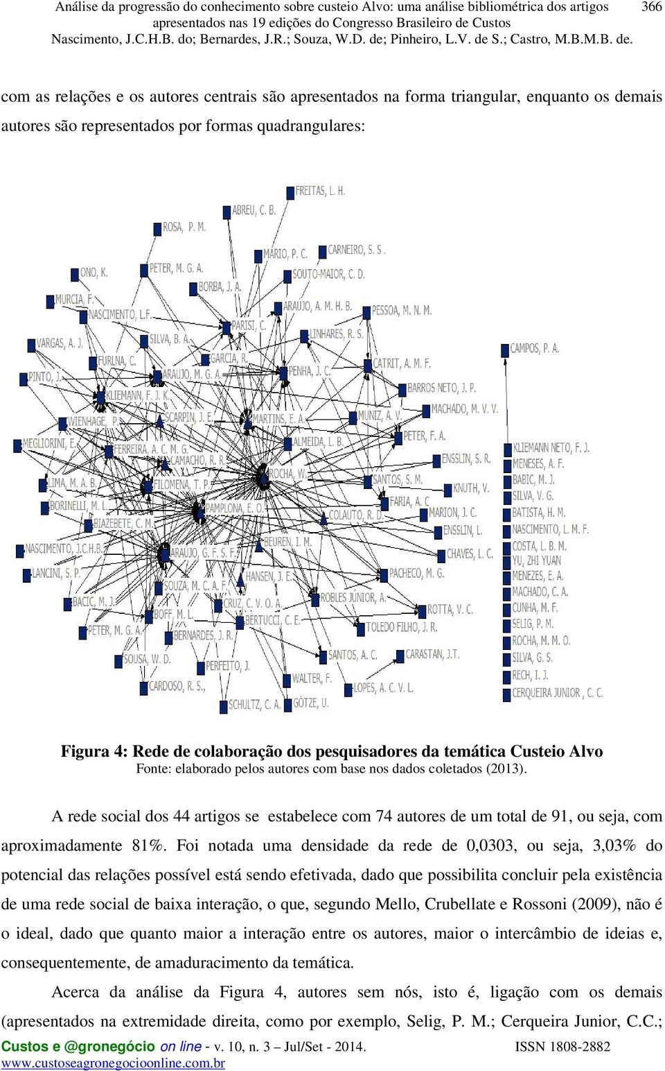 A rede social dos 44 artigos se estabelece com 74 autores de um total de 91, ou seja, com aproximadamente 81%.