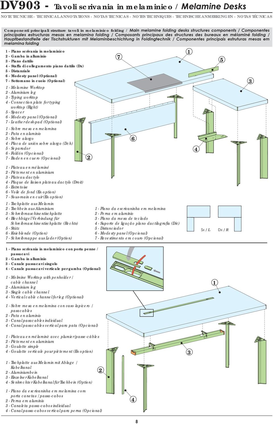 Componentes principais estruturas mesas em melamina folding 1 - Piano scrivania in melaminico 2 - Gamba in alluminio - Piano dattilo 4 - Staffa di collegamento piano dattilo (Dx) 5 - Distanziale 6 -