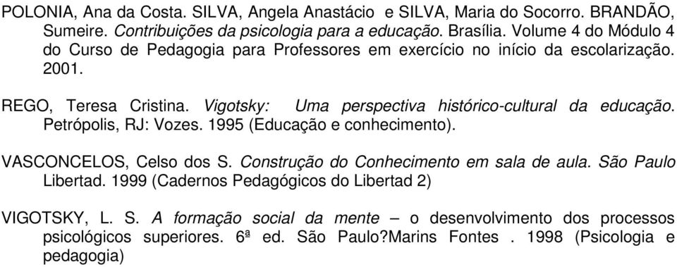 Vigotsky: Uma perspectiva histórico-cultural da educação. Petrópolis, RJ: Vozes. 1995 (Educação e conhecimento). VASCONCELOS, Celso dos S.