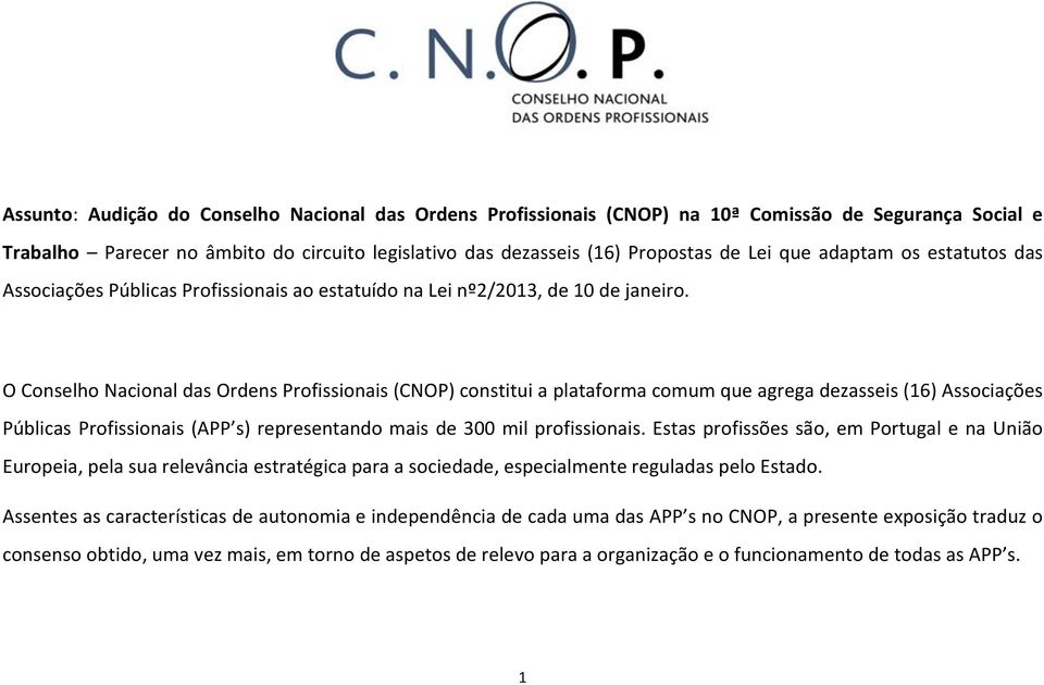 O Conselho Nacional das Ordens Profissionais (CNOP) constitui a plataforma comum que agrega dezasseis (16) Associações Públicas Profissionais (APP s) representando mais de 300 mil profissionais.