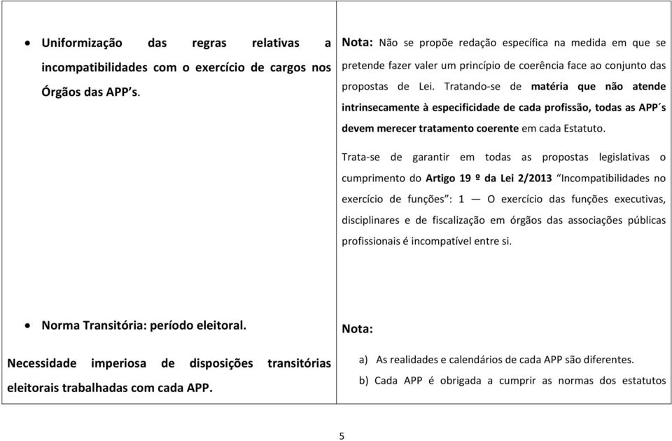 Tratando-se de matéria que não atende intrinsecamente à especificidade de cada profissão, todas as APP s devem merecer tratamento coerente em cada Estatuto.