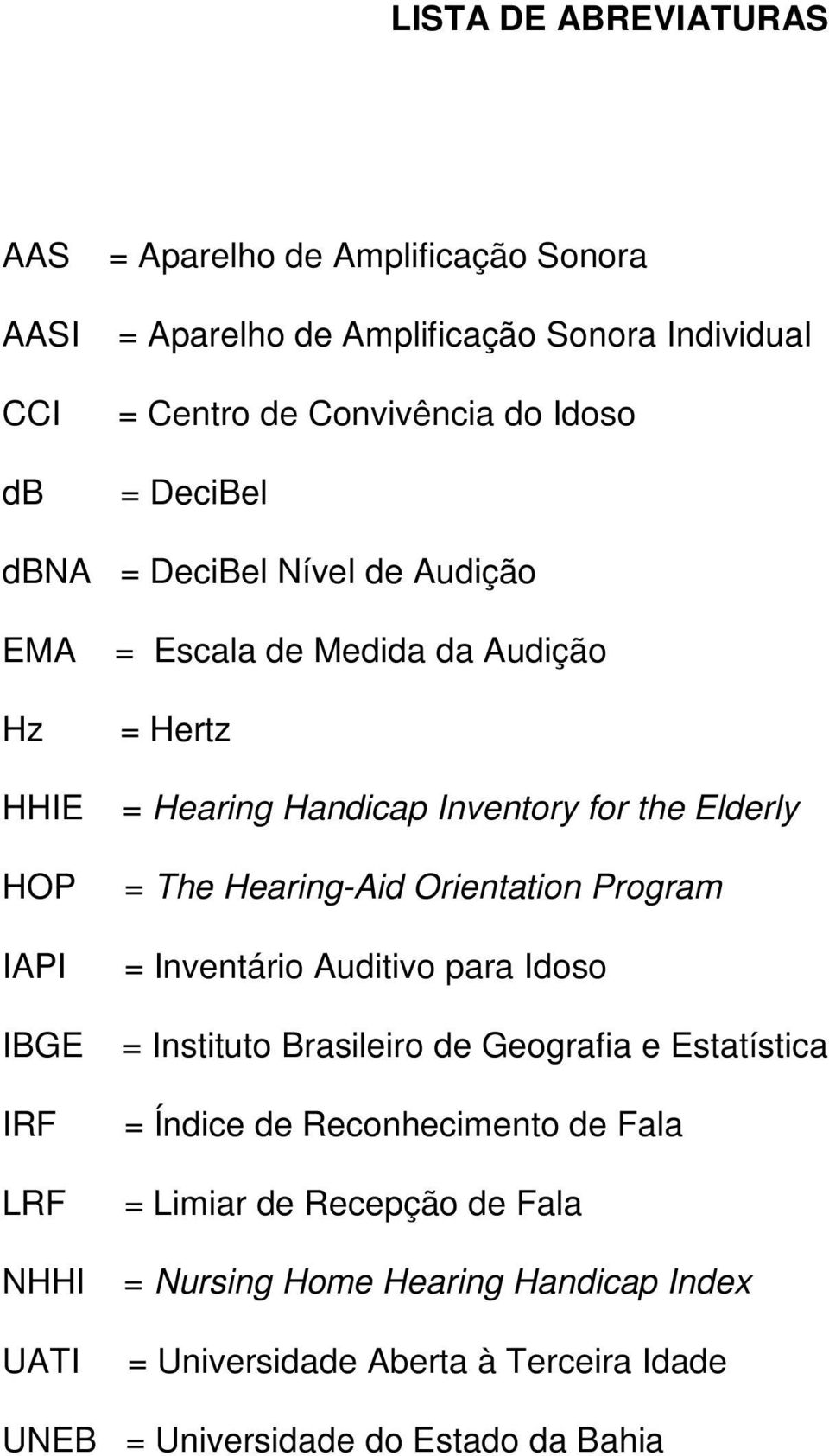 the Elderly = The Hearing-Aid Orientation Program = Inventário Auditivo para Idoso = Instituto Brasileiro de Geografia e Estatística = Índice de