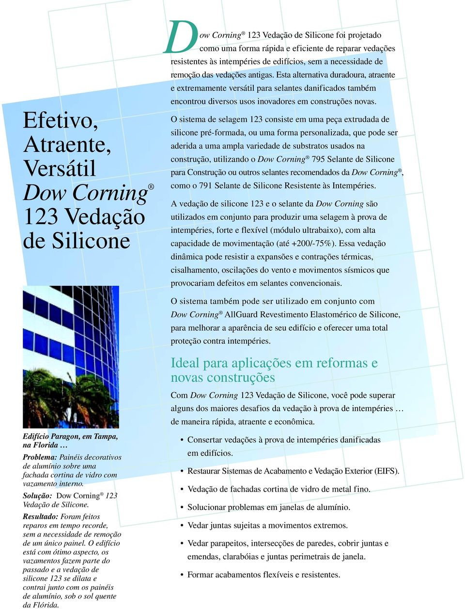 O edifício está com ótimo aspecto, os vazamentos fazem parte do passado e a vedação de silicone 123 se dilata e contrai junto com os painéis de alumínio, sob o sol quente da Flórida.